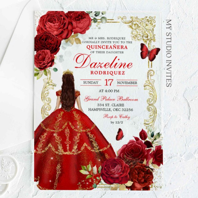 Royal Red and Gold Princessa Quinceañera Acryleinladungen (Von Creator hochgeladen)