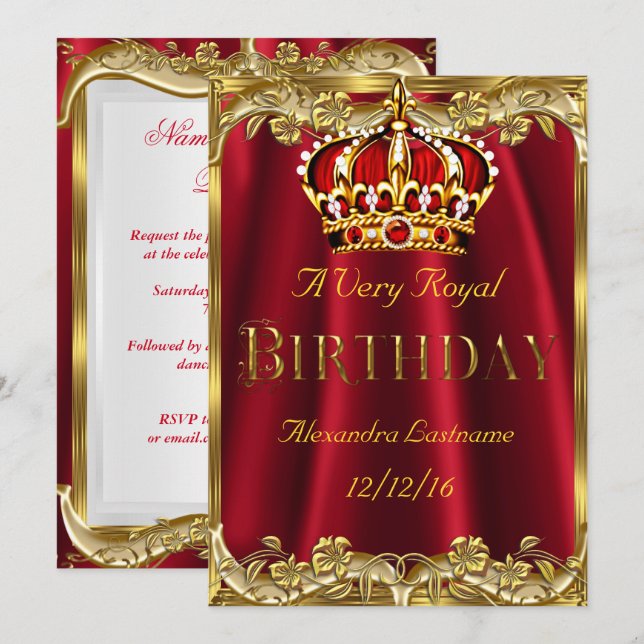 Royal Red Birthday Party Gold Crown Einladung (Vorne/Hinten)