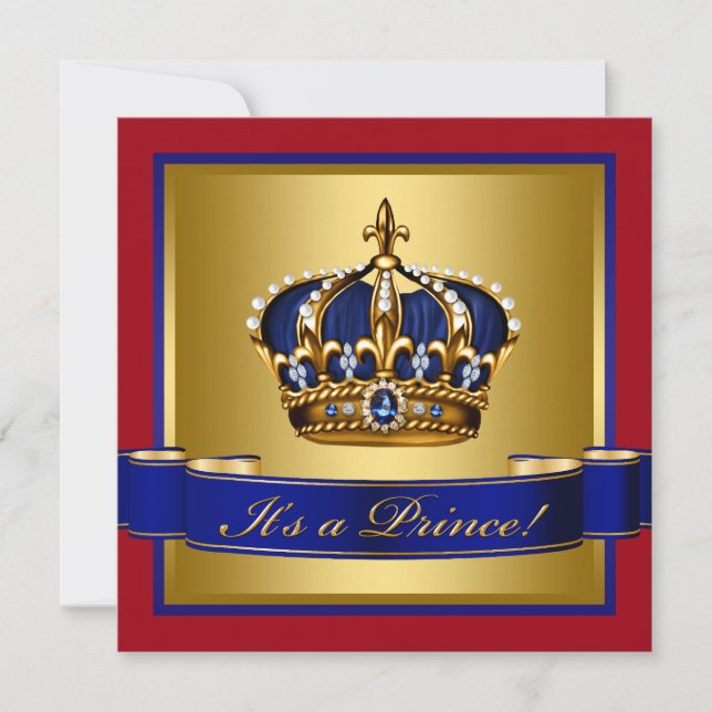 Royal Red Blue und Gold Crown Prince Baby Dusche Einladung (Vorderseite)
