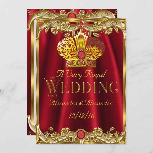 Royal Red Gems Wedding Gold Crown Einladung (Vorne/Hinten)