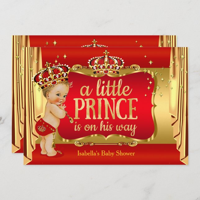 Royal Red Gold Boy Prince Baby Dusche Blonde Einladung (Vorne/Hinten)