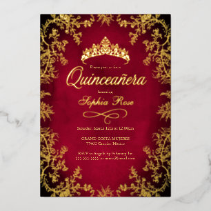 Royal Red Gold Crown Floral Quinceanera Folieneinladung