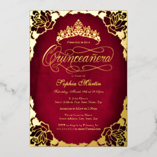 Royal Red Gold Elegante Rose Script Quinceanera Folieneinladung