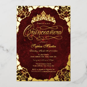 Royal Red Gold Elegante Rose Script Quinceanera Folieneinladung