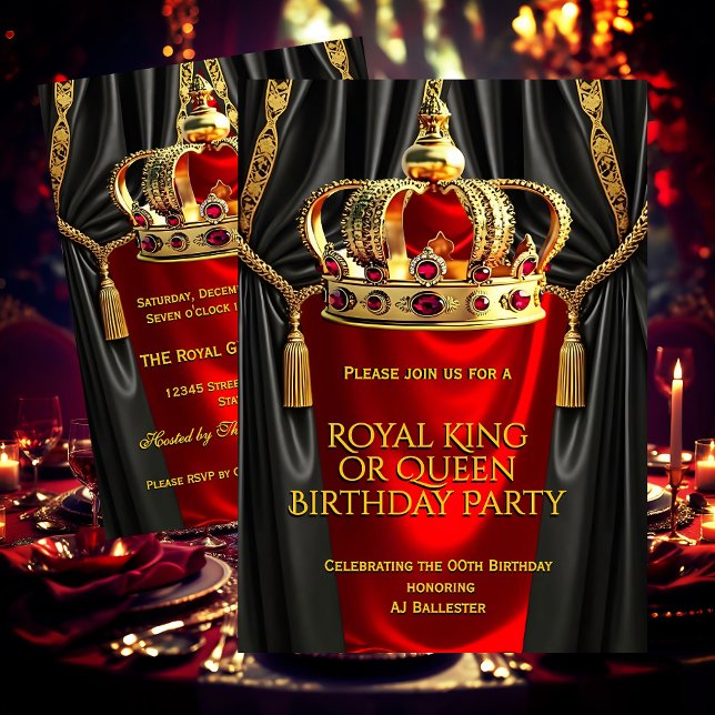 Royal Red Gold King Queen Crown Birthday Party Einladung (Von Creator hochgeladen)