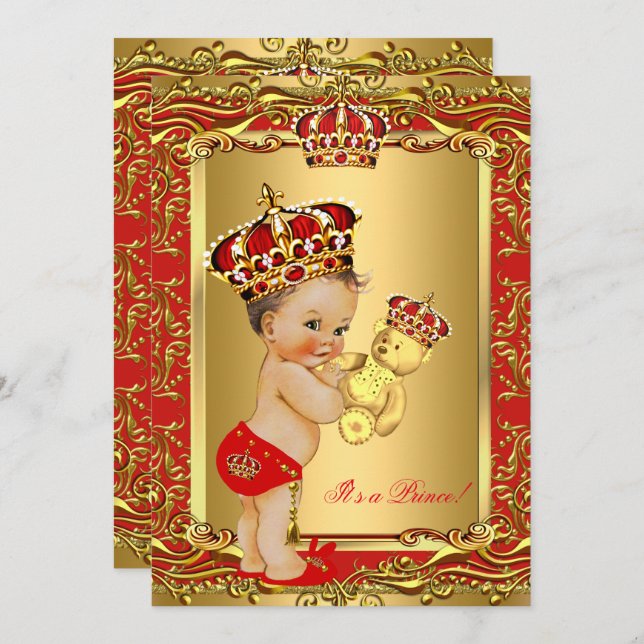 Royal Red Prince Crown Baby Duschbär Einladung (Vorne/Hinten)