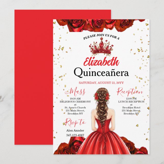 Royal Red Rose Butterfly Quinceañera Invite Einladung (Vorne/Hinten)