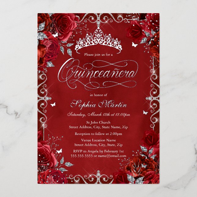 Royal Red Silver Butterfly Rosen Quinceanera Folieneinladung (Vorderseite)