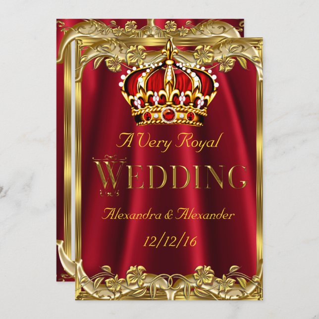 Royal Red Wedding Gold Crown Einladung (Vorne/Hinten)