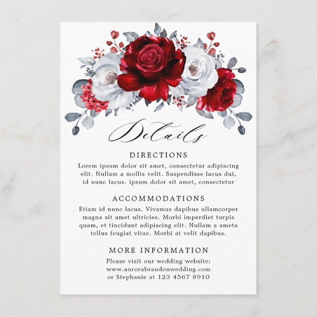 Royal Red White Silver Metallic Floral Wedding Begleitkarte (Vorderseite)