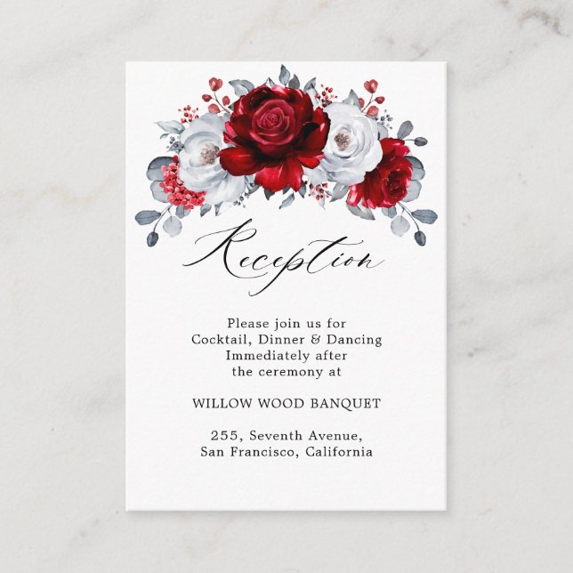 Royal Red White Silver Metallic Floral Wedding Begleitkarte (Vorderseite)