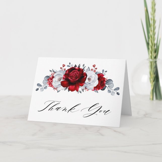 Royal Red White Silver Metallic Floral Wedding Dankeskarte (Vorderseite)