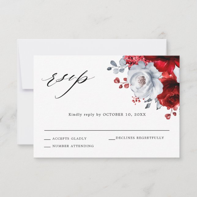 Royal Red White Silver Metallic Floral Wedding RSVP Karte (Vorderseite)