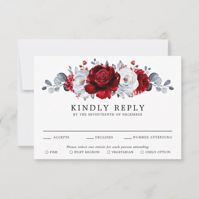 Royal Red White Silver Metallic Floral Wedding RSVP Karte (Vorderseite)