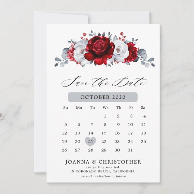 Royal Red White Silver Metallic Floral Wedding Save The Date (Vorderseite)