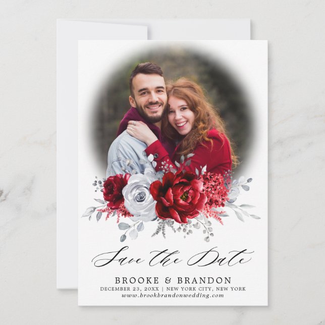 Royal Red White Silver Metallic Floral Wedding Save The Date (Vorderseite)