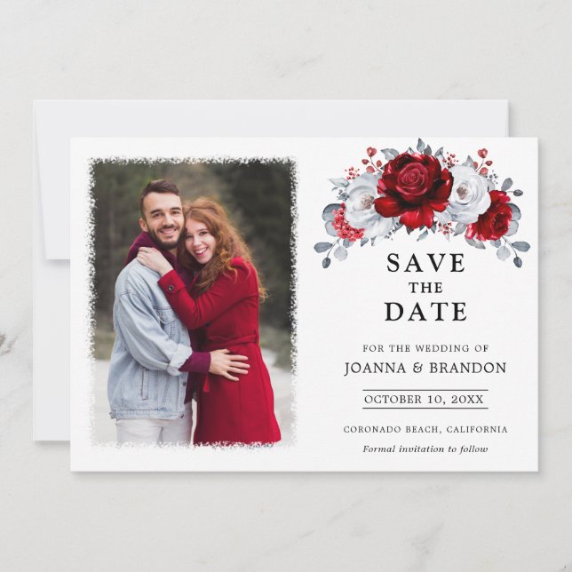 Royal Red White Silver Metallic Floral Wedding Save The Date (Vorderseite)