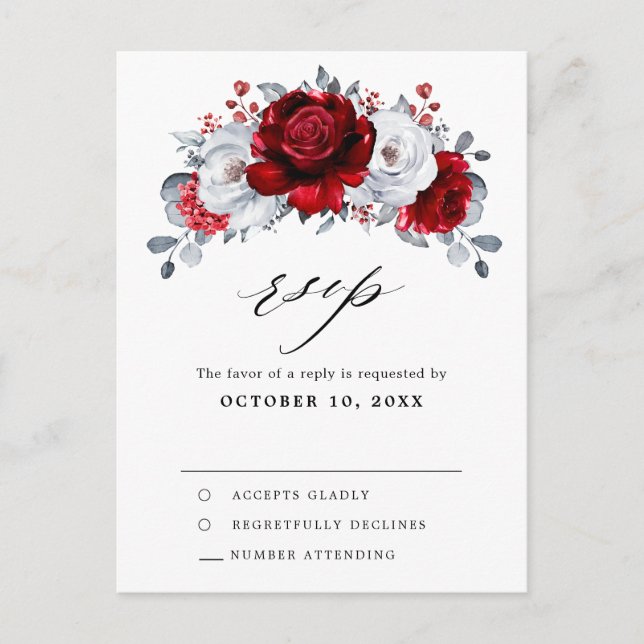 Royal Red White Silver Metallic Wedding RSVP Postkarte (Vorderseite)