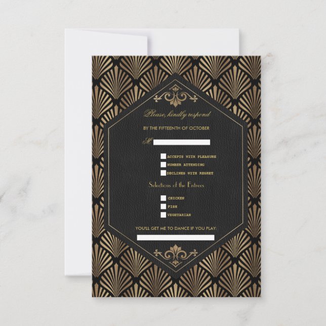 Royal Roaring 20's Gold Black Great Gatsby Wedding RSVP Karte (Vorderseite)