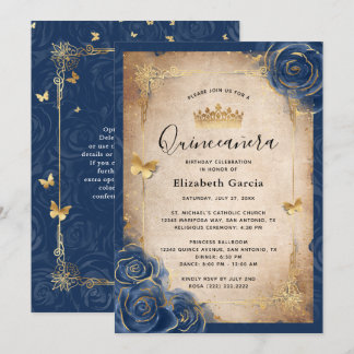Royal Rose Navy Blue und Gold Elegante Quinceanera Einladung