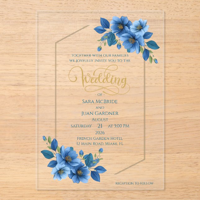 Royal Sapphire Floral Acrylic Wedding Invitation Acryleinladungen (Vorderseite)
