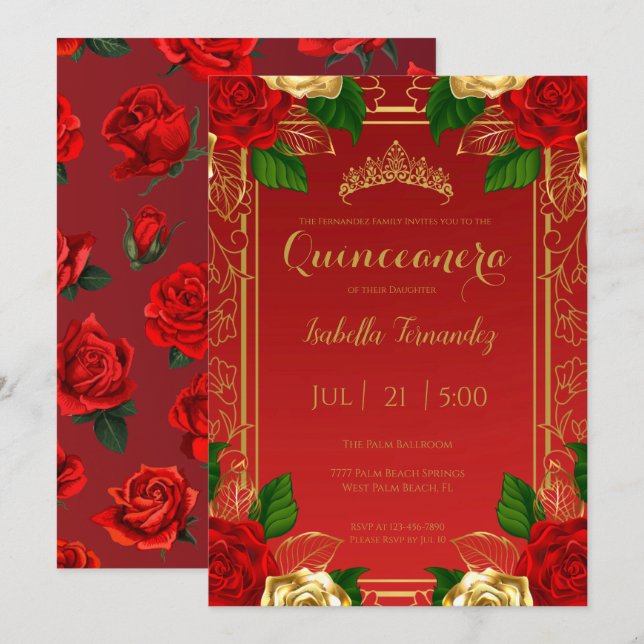 Royal Spanish Red & Gold Rose Quinceañera Einladung (Vorne/Hinten)