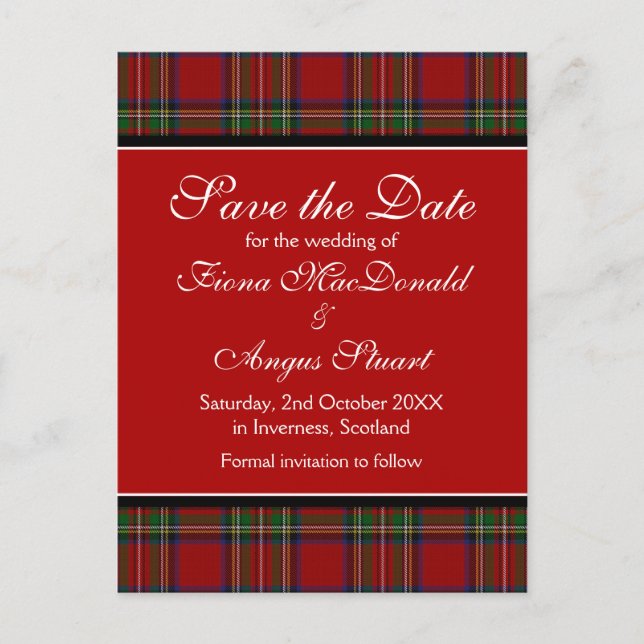Royal Stuart Tartan Wedding Save the Date Postcard Ankündigungspostkarte (Vorderseite)