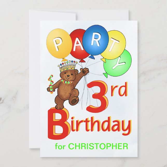Royal Teddy Bear 3. Geburtstag Party Einladung (Vorderseite)