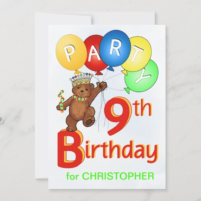 Royal Teddy Bear 9. Geburtstagsparty Einladung (Vorderseite)