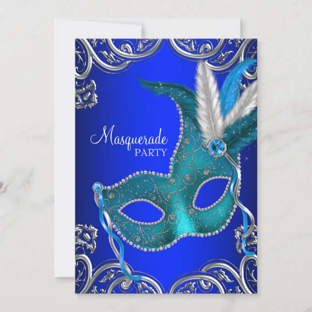 Royal und Aquamarin Blue Masquerade Party Einladung (Vorderseite)