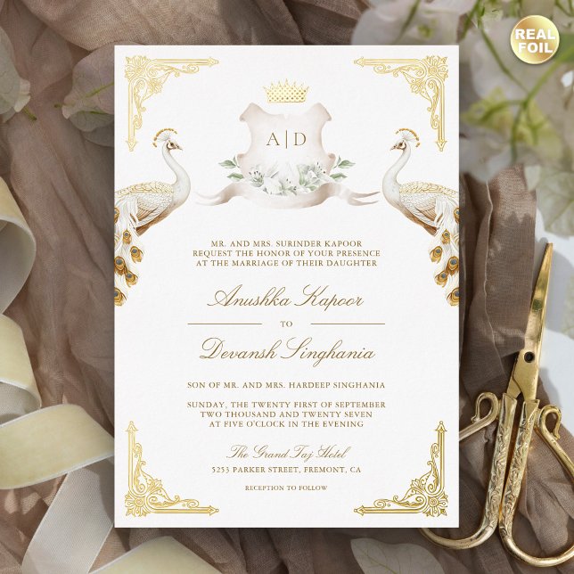 Royal Wappen Indian White Peacock Wedding Gold Folieneinladung (Von Creator hochgeladen)