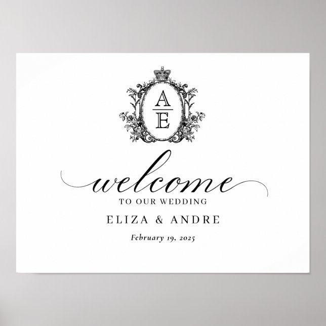 Royal Wappen Monogram Black and White Wedding Poster (Vorne)