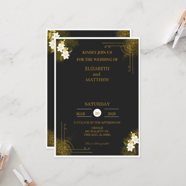 Royal wedding invitation in black and gold einladung (Vorderseite/Rückseite Beispiel)