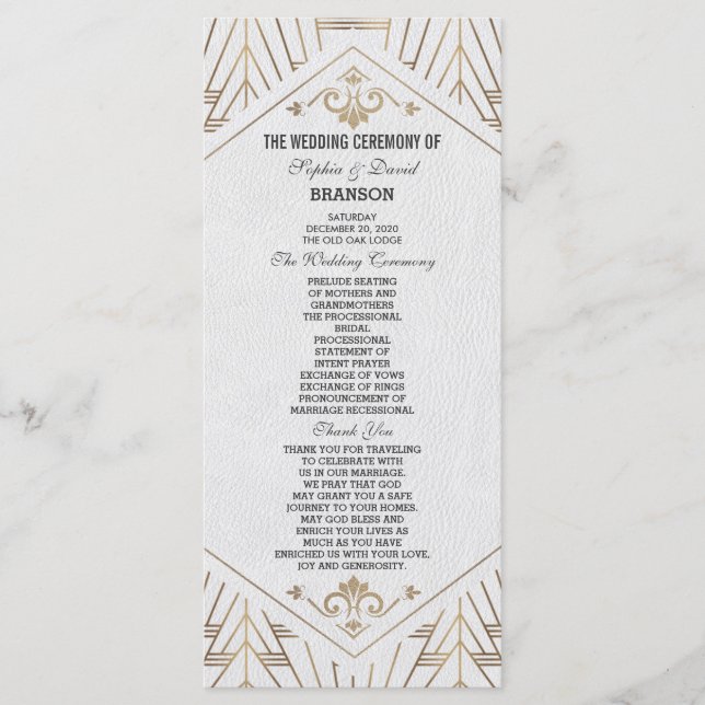Royal White Gold Great Gatsby Wedding Program Programm (Vorderseite)