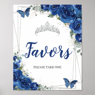 Royalblaue Blumen-Schmetterlinge Quinceañera-Gesch Poster