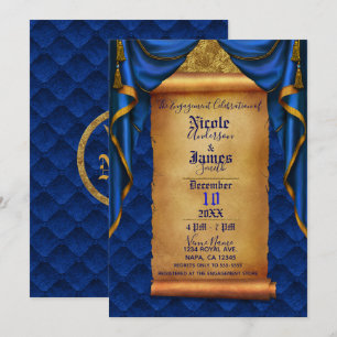 Royalblaue und goldene Vorhänge Scroll Verlobungsf Einladung