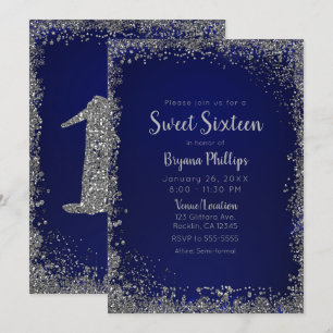 Royalblaue und silberne Glitter-Glam-Süße-16-Party Einladung