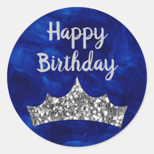 Royalblauer Pinsel und Silberne Krone Geburtstag Runder Aufkleber