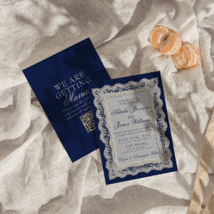 Royale Blaues Spitzen-Altes-Geld-Doily-QR-Code-Hoc Einladung