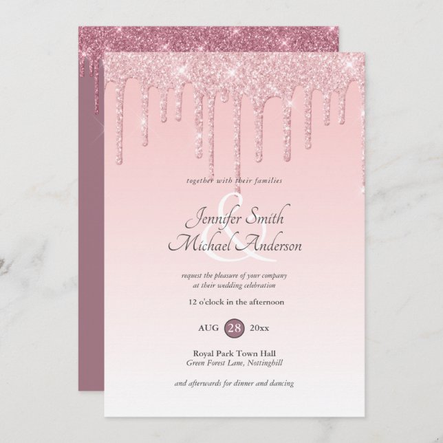 RoyalElegance PINK ROSE GOLD Glitzer Tropfen Weddi Einladung (Vorne/Hinten)