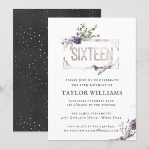 Royalviolett   Verzierte Blütenfolie zum Geburtsta Einladung