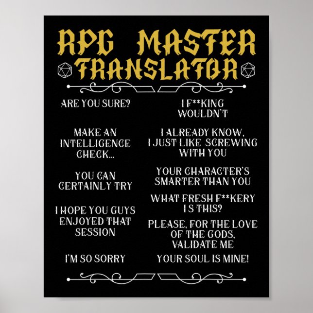 Rpg Master Translator D20 Tabletop Games Funny Rpg Poster (Vorne)