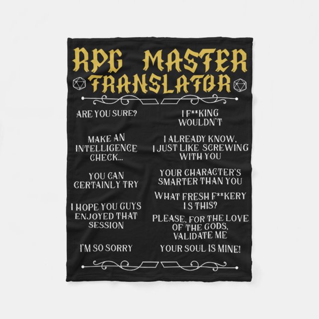 Rpg Master Übersetzer D20 Tabletop Spiele Lustiges Fleecedecke (Vorderseite)