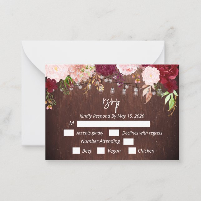 RSSVP Burgundy Blume Wood Mason Jar Lights Postca Mitteilungskarte (Vorderseite)