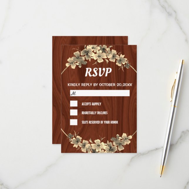 Rstic Wood Backdrop Gold Floral RSVP Karte (Vorderseite/Rückseite Beispiel)