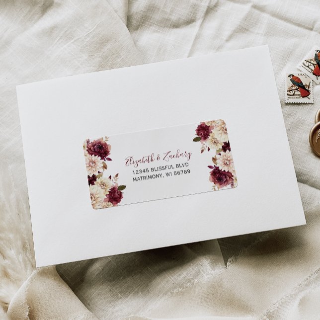 RSVP-Adresse von Burgundy Cream Floral Wedding Adressaufkleber (Von Creator hochgeladen)