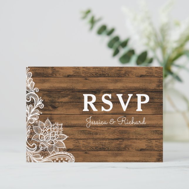 RSVP-Ankündigung von Stall Wood und Lace Wedding RSVP Karte (Stehend Vorderseite)