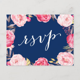RSVP-Antwort: Rosa Blumenreath Navy Blue Wedding Einladungspostkarte