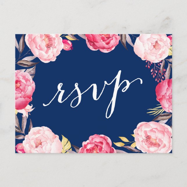 RSVP-Antwort: Rosa Blumenreath Navy Blue Wedding Einladungspostkarte (Vorderseite)