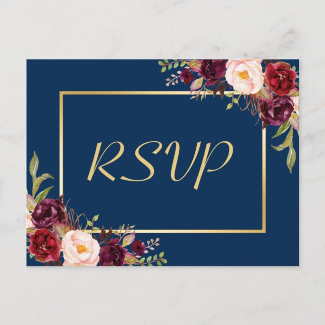 RSVP-Antwort von Burgundy Floral Gold Navy Blue We Einladungspostkarte (Vorderseite)